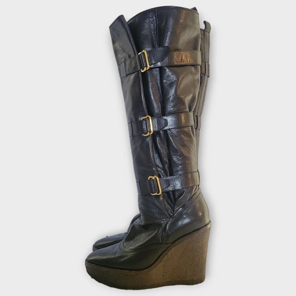 YSL Yves Saint Laurent Tall Black Leather Wedge Boots Vintage 90s Y2K - Picture 3 of 16